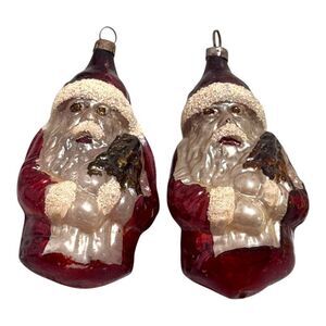 Set Of 2 Antique Glass Santa Claus Figural Vintage Christmas Ornaments Pre-1950